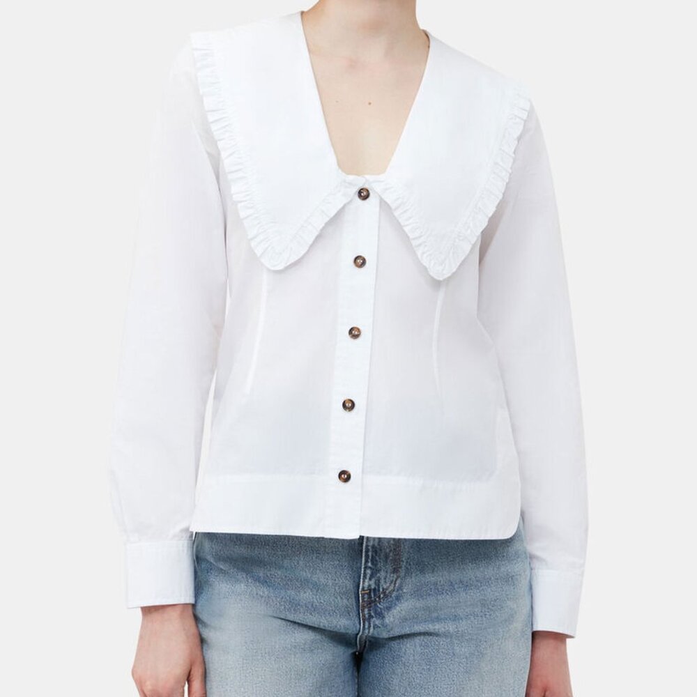 Ganni Wide Ruffled Collar Cotton Poplin Shirt